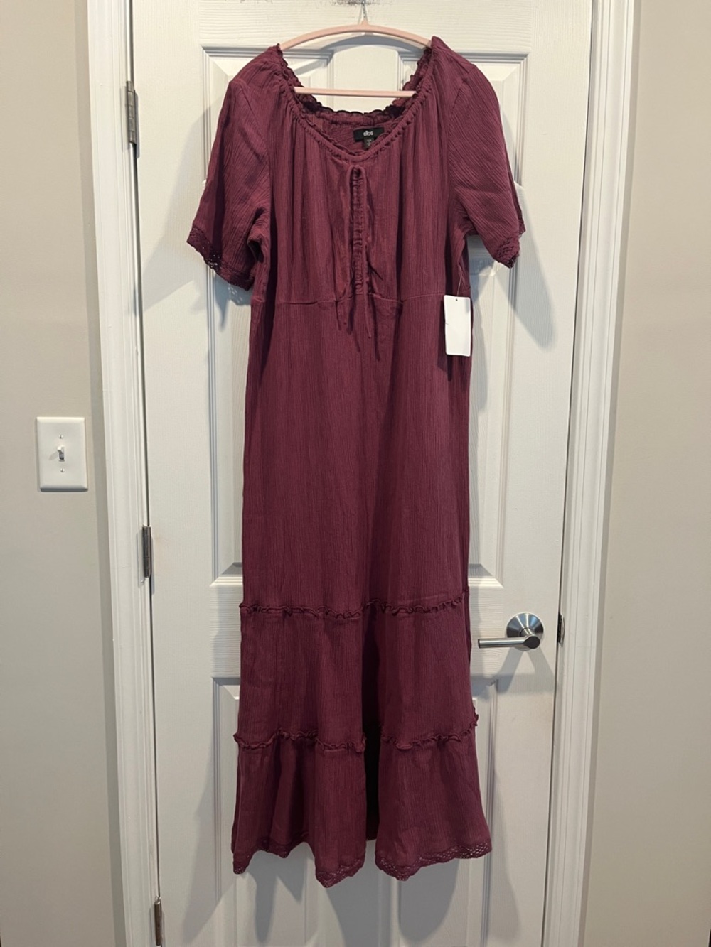 ellos Burgundy Tiered Maxi Gauze Dress with Tie Front SZ L Boho